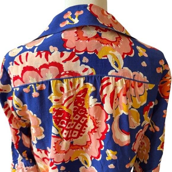 TORY BURCH SHIRT SILK BUTTON FRONT FLORAL ROLL TAB SLEEVE CHEST POCKET VIBRANT 4 - Picture 5 of 13
